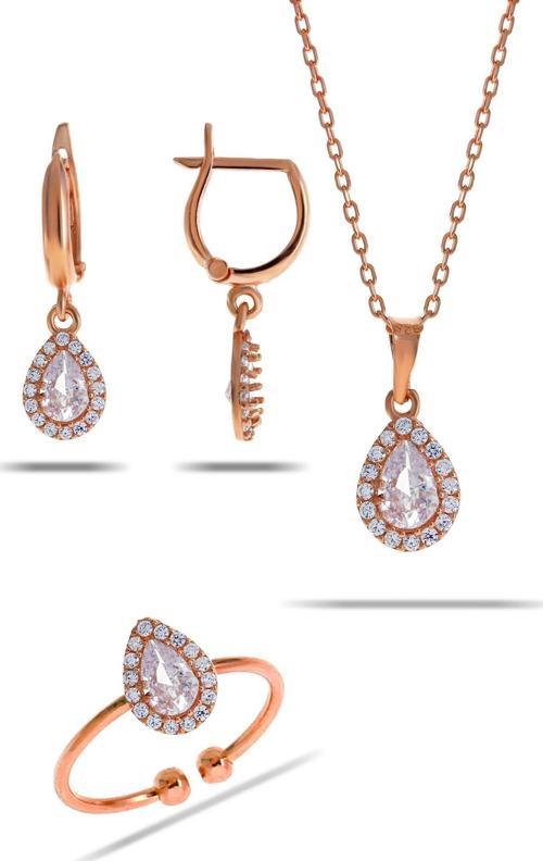 Kuvars Taşlı Damla Mini Rose Gümüş Set 2301