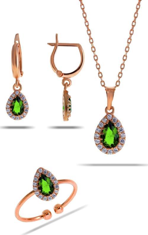 Yeşim Taşlı Damla Mini Rose Gümüş Set 2302