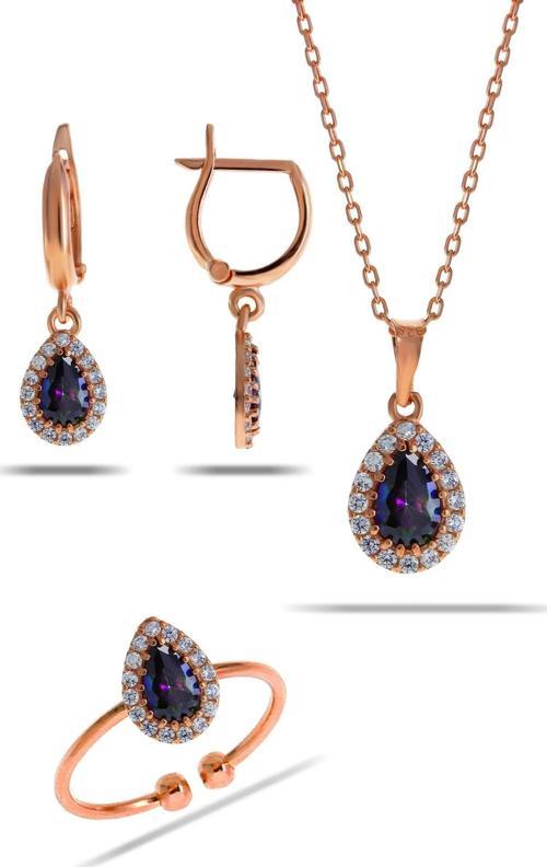 Mistik Topaz Taşlı Damla Mini Rose Gümüş Set 2305