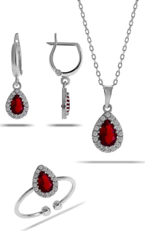 Lal Taşlı Damla Mini Rodyumlu Gümüş Set 2308
