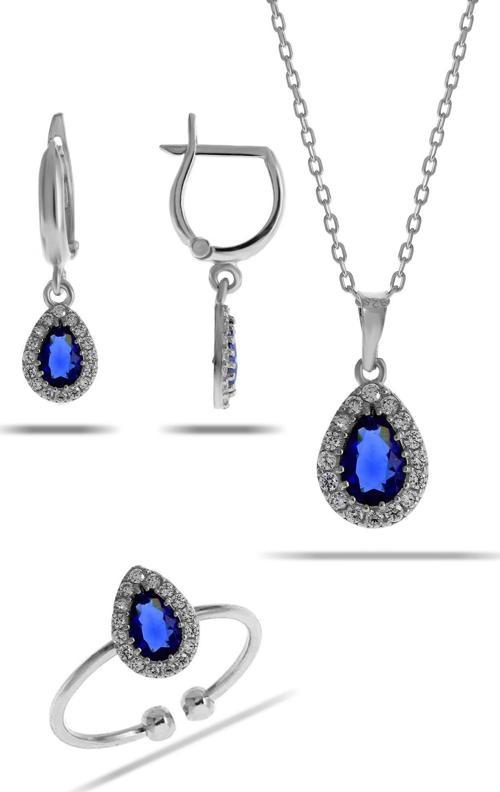 Safir Taşlı Damla Mini Rodyumlu Gümüş Set 2309