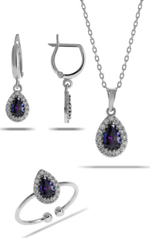 Mistik Topaz Taşlı Damla Mini Rodyumlu Gümüş Set 2310