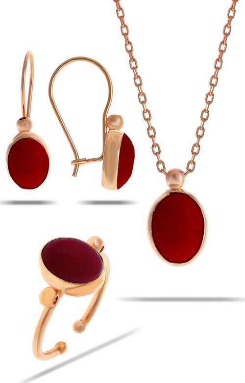Mercan Taşlı Rose Gümüş Set 2314