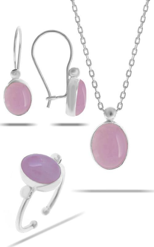Pembe Kuvars Taşlı Rodyumlu Gümüş Set 2322
