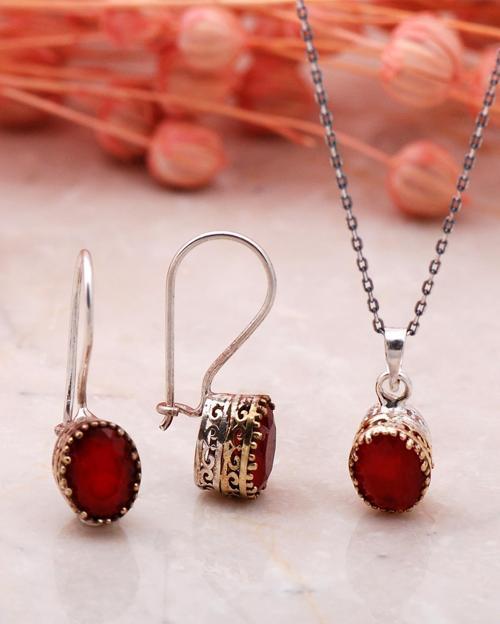 Kök Yakut Elişi Gümüş İkili Set 2328-Oval