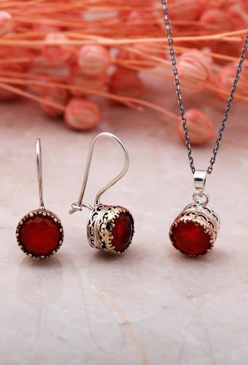 Kök Yakut Elişi Gümüş İkili Set 2333-Yuvarlak