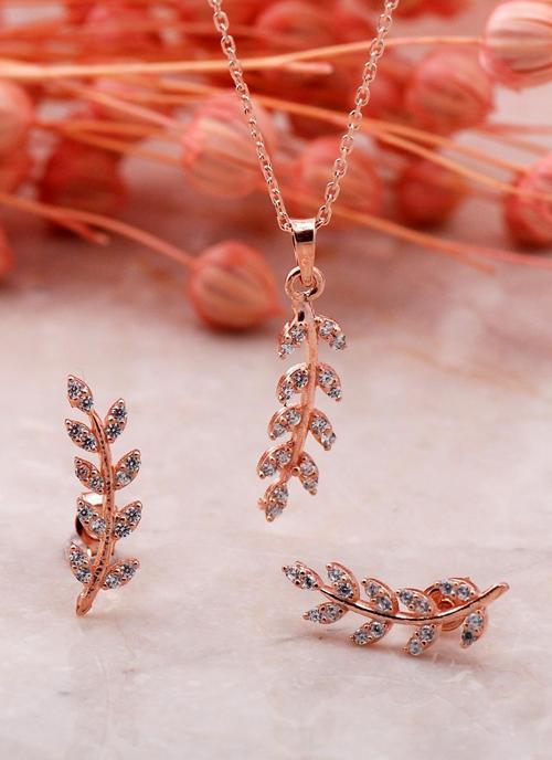 Yaprak Tasarım Beyaz Rose Gümüş İkili Set 2344