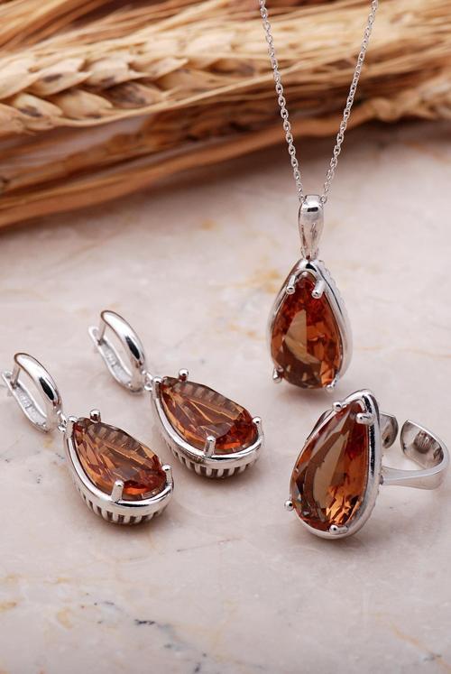 Sultan Taşlı Rodyumlu Damla Gümüş Set 2357