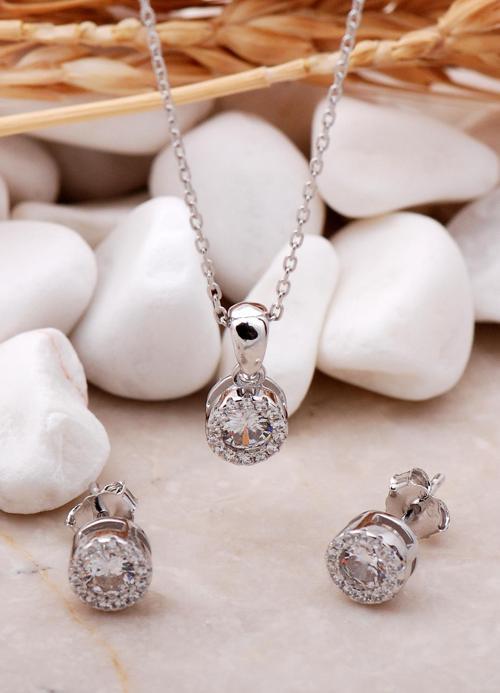Elmas Montür Rodyumlu Mini Gümüş İkili Set 2365