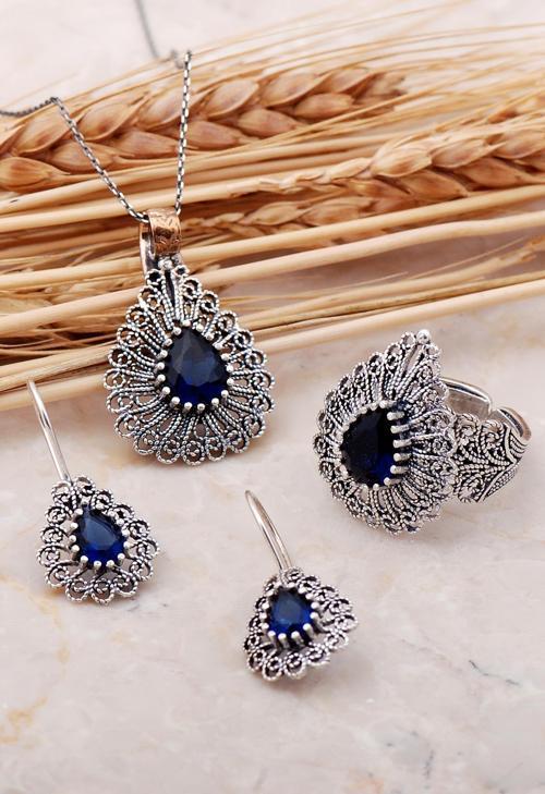 Safir Taşlı Telkari Elişi Damla Gümüş Set 2377