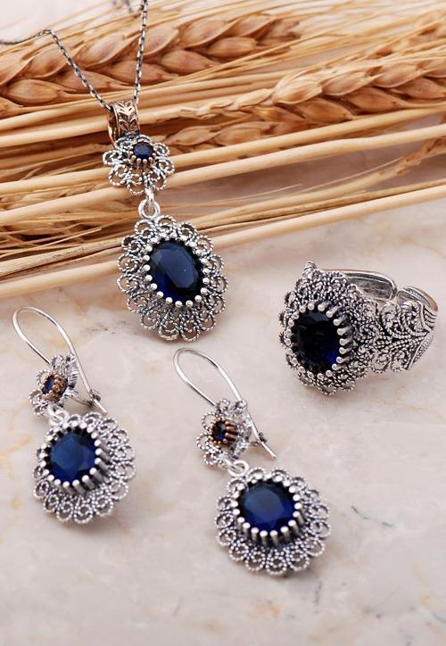 Safir Taşlı Telkari Elişi Gümüş Set 2379
