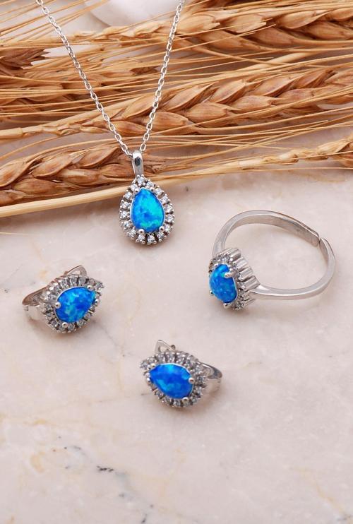 Opal Taşlı Damla Gümüş Üçlü Set 2421