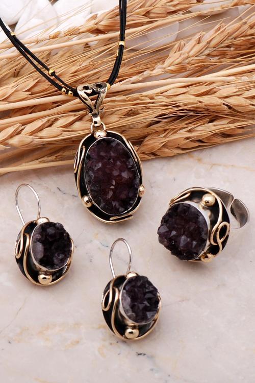 Doğal Ametist Taşlı Elişi Gümüş Set 2448