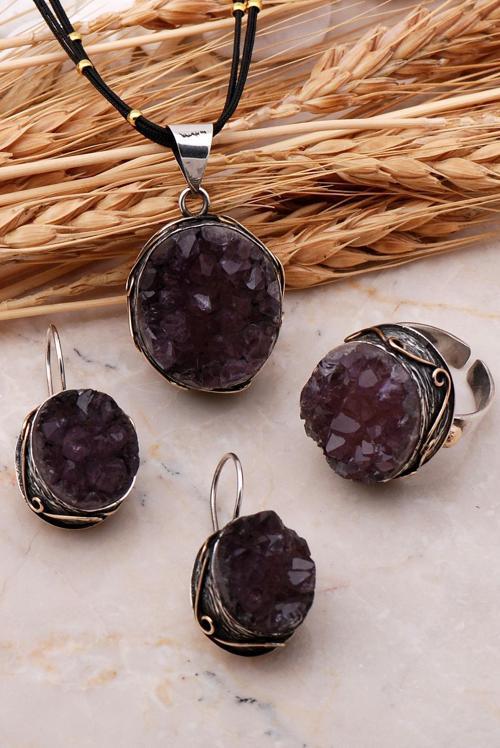 Doğal Ametist Taşlı Elişi Gümüş Set 2451