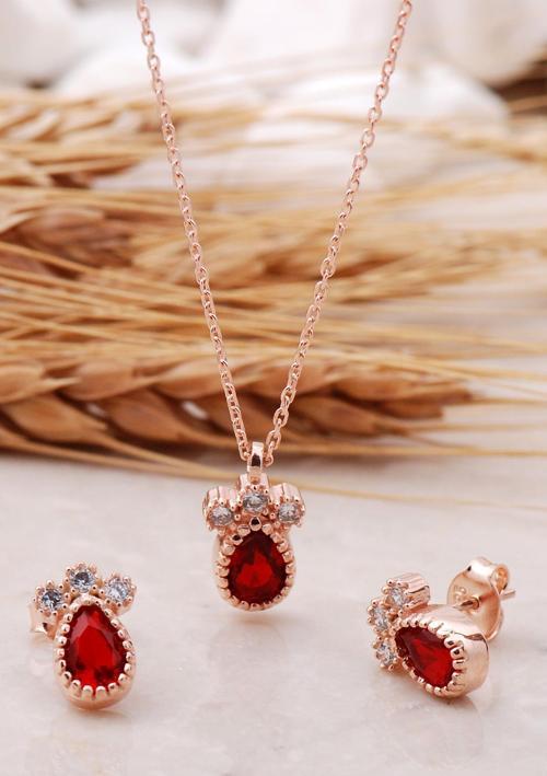 Lal Taşlı Damla Rose Gümüş Set 2471