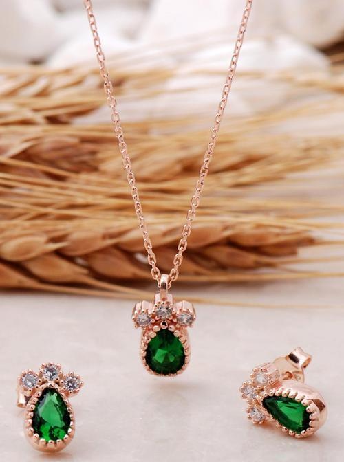 Kök Zümrüt Damla Taşlı Rose Gümüş Set 2472
