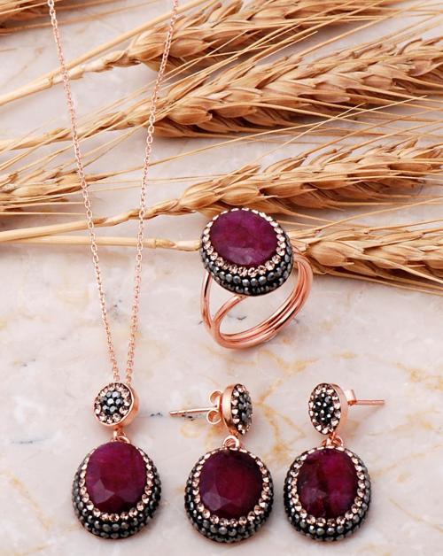 Kök Yakut Rose Gümüş Set 2537