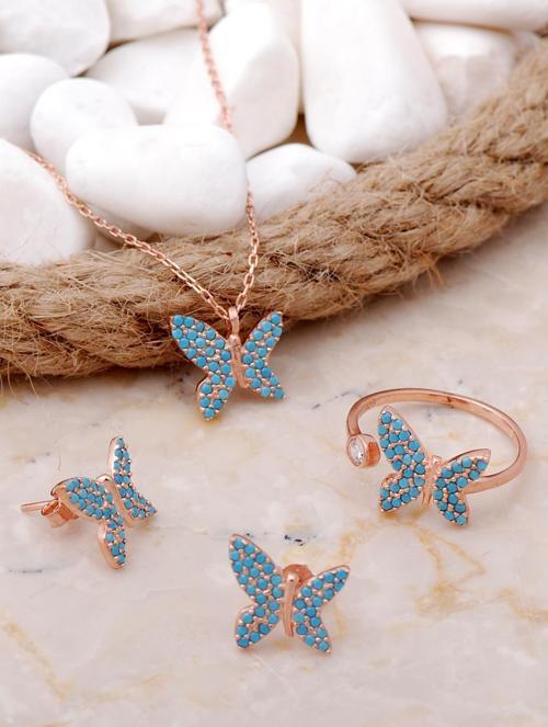 Turkuaz Taşlı Kelebek Rose Gümüş Set 2542