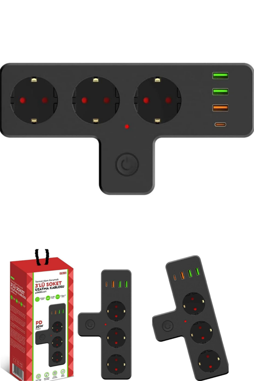 Termal Akım Korumalı Soket Priz Çoğaltıcı Kablosuz Çoklayıcı 2500W 3xUSB 2.4A 1xType-C