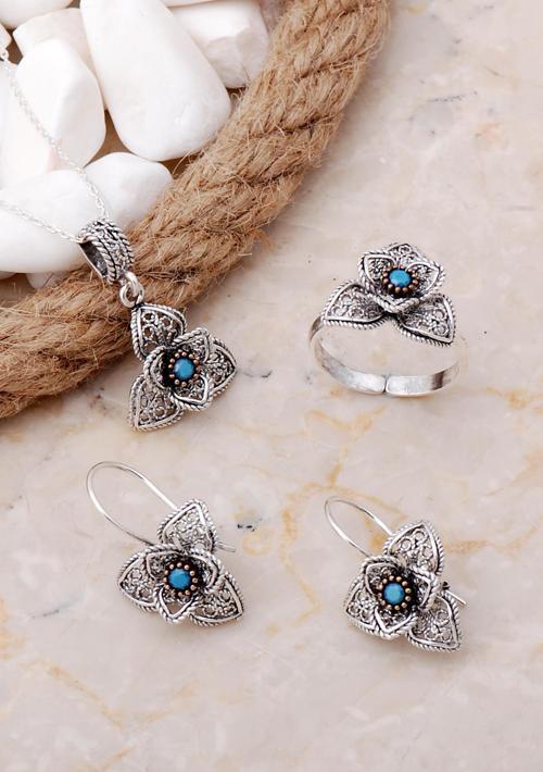 Açelya Çiçeği Turkuaz Taşlı Telkari Elişi Gümüş Set 2547