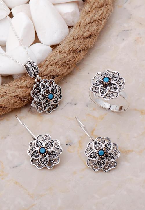 Turkuaz Taşlı Çiçek Telkari Elişi Gümüş Set 2552
