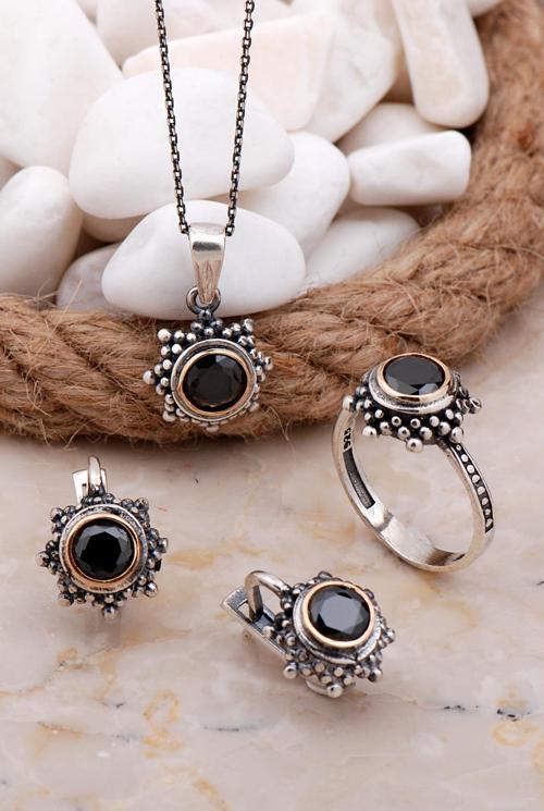 Oniks Taşlı Gümüş Set 2565