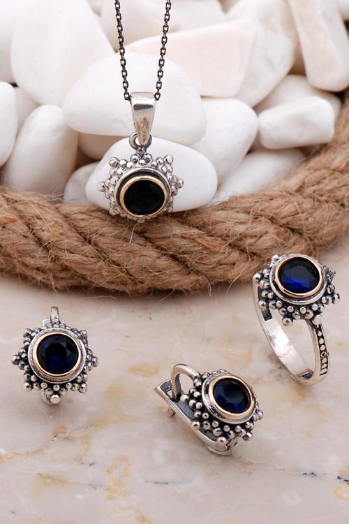 Safir Taşlı Gümüş Set 2574