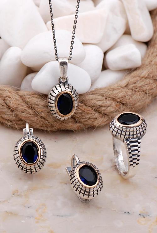 Safir Taşlı Elişi Gümüş Set 2581