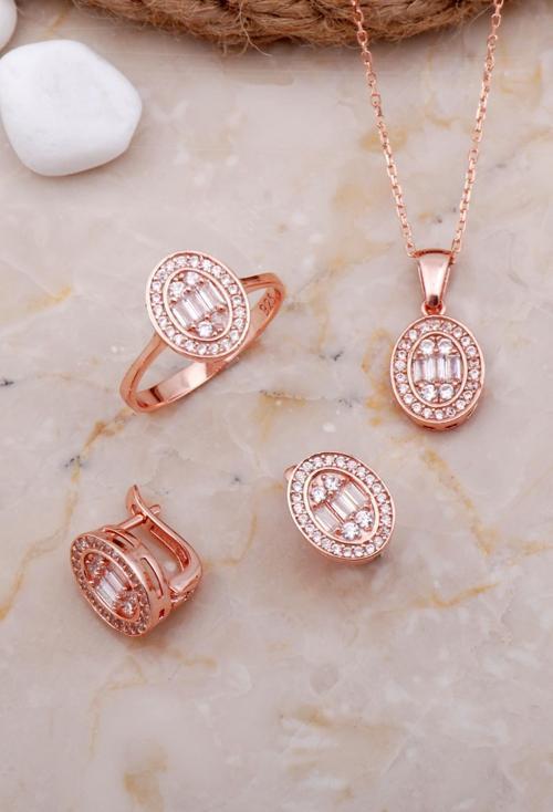 Baget Oval Rose Gümüş Set 2594
