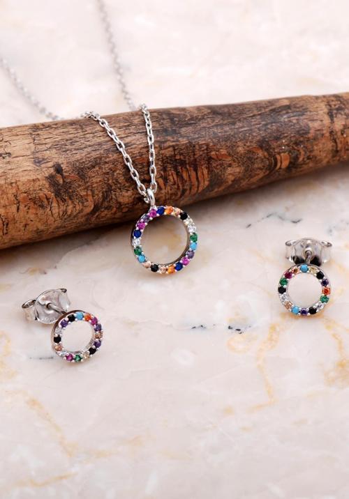 Halka Tamtur Mix Taşlı Rodyumlu Gümüş Kolye Küpe Seti 2606