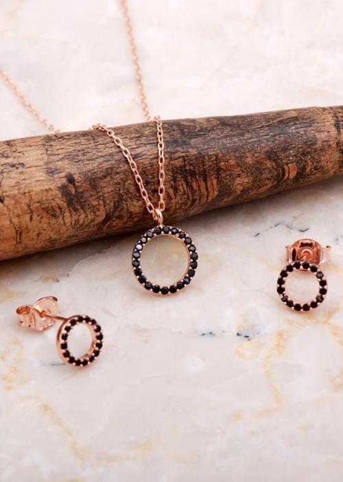 Halka Tamtur Taşlı Safir Rose Gümüş Kolye Küpe Seti 2609