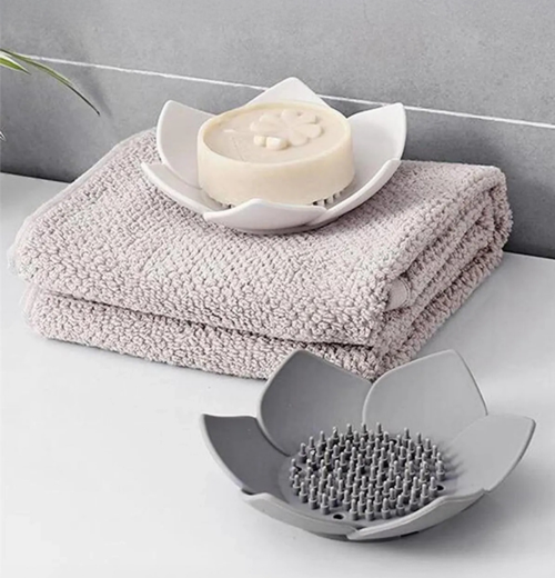 Lotus Desenli Sabun Ve Sünger Tutacağı Silikon (BEYAZ) Su Giderli Lotus Şekilli Şık Katı Sabunluk