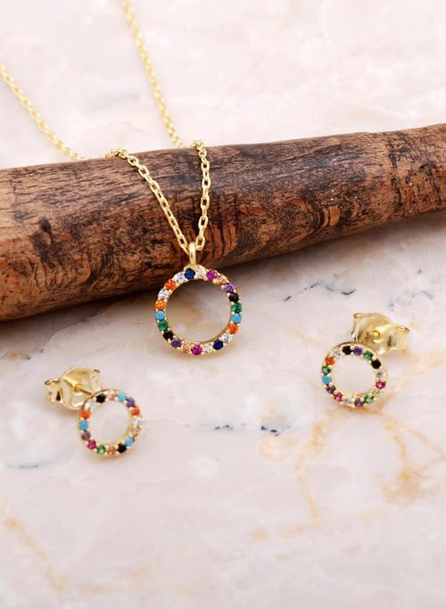 Halka Tamtur Mix Taşlı Altın Kapalam Gümüş Kolye Küpe Seti 2613 