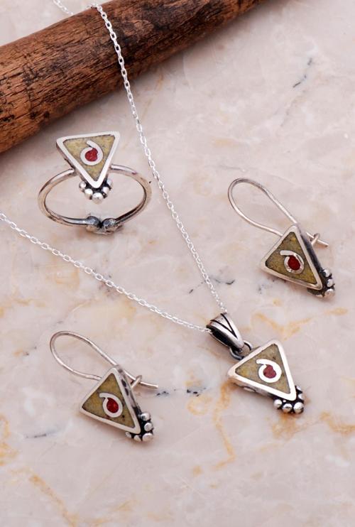 Antik Mozaik İşlemeli Sarı Kuvars Taşlı Gümüş Set 2638