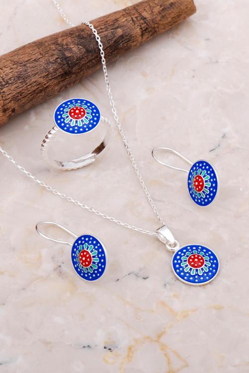 Anadolu Motifli Mineli Elişi Gümüş Set 2650