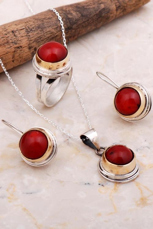 Mercan Taşlı Sarma Elişi Gümüş Set 2666