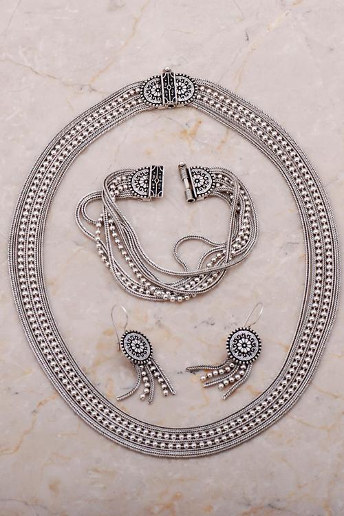 Midyat Hasırı Tasarım Elişi Oksitli Gümüş Set 2668