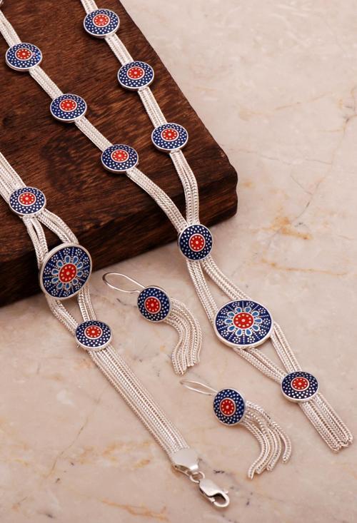 Anadolu Motifli Mineli Hasır Elişi Tasarım Gümüş Set 2674