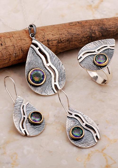 Mistik Topaz Taşlı Çekiç Dövme Elişi Damla Gümüş Set 2806