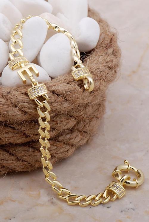 E Harfli Gurmet Altın Yaldfızlı Gümüş Bileklik 4033