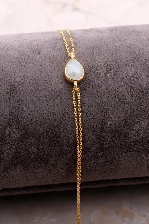 Doğal Ay Taşlı Damla Mini Altın Yaldızlı Gümüş Bileklik 4106