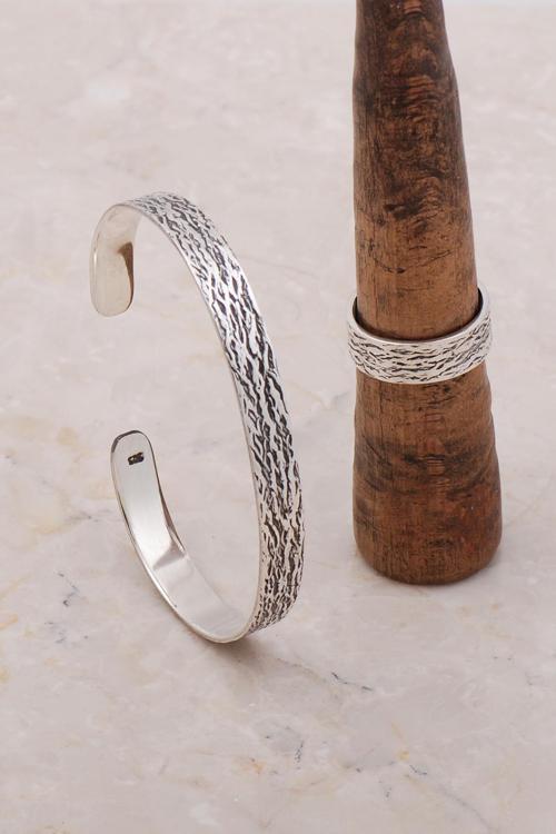 Gümüş Dövme Elişi Bilezik Yüzük Kombini 3689