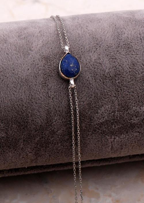 Doğal Lapis Lazuli Taşlı Damla Mini Rodyumlu Gümüş Bileklik 4123