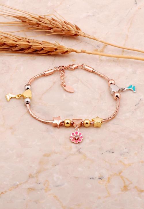 Kalp Tasarım Mineli Rose Gümüş Şans Bileklik 4531