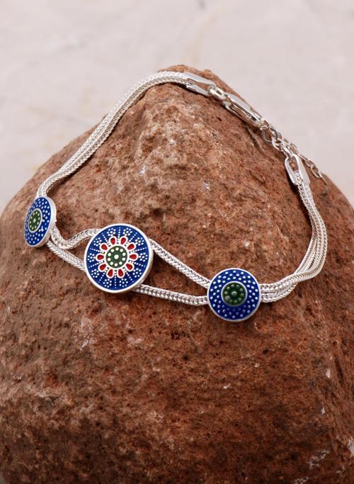 Anadolu Motifli Mineli Elişi Hasır Gümüş Bileklik 4288