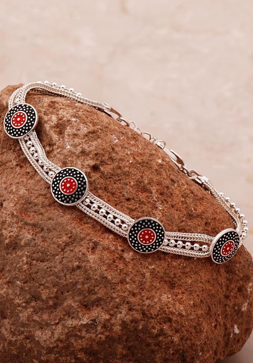 Anadolu Motifli Mineli Hasır Elişi Tasarım Gümüş Bileklik 4343