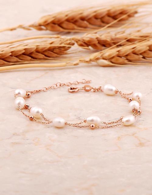 İnci İki Sıra Rose Gümüş Bileklik 4741