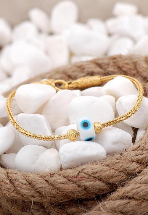 Kazaziye İşlemeli Nazar Boncuklu Elişi Altın Yaldızlı Gümüş Bileklik 3826