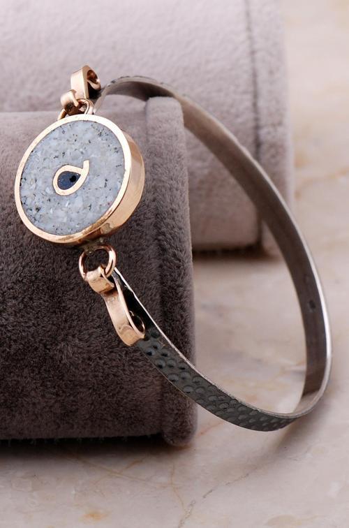 Mozaik İşlemeli Doğal Taşlı Elişi Dövme Gümüş Bilezik 3804