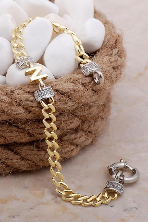 N Harfli Gurmet Altın Yaldızlı Gümüş Bileklik 4037